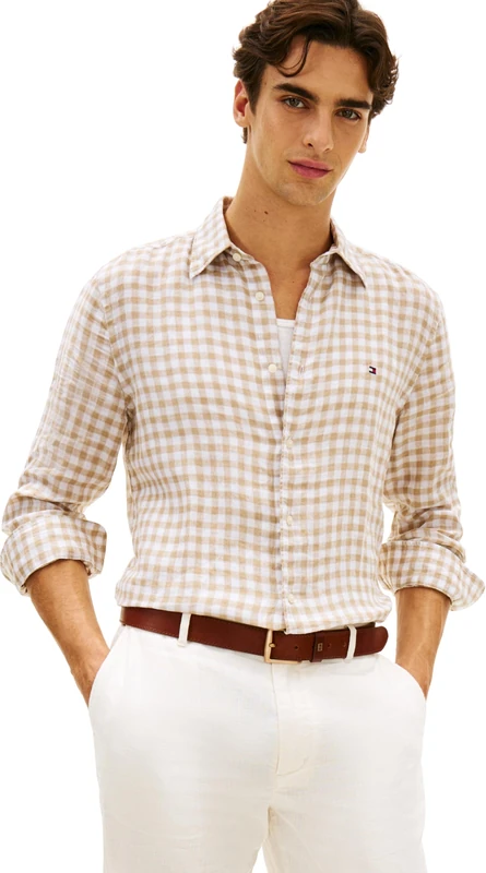 Tommy Hilfiger Men’s Shirt Linen Essential Gingham Regular Fit, Beige (Sandalwood/Check), L