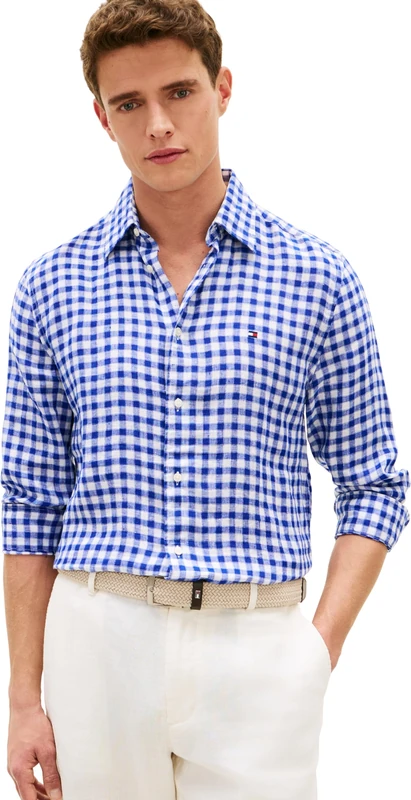 Tommy Hilfiger Men's Linen Essential Gingham Rf Shirt MW0MW42401, Blue, XXL