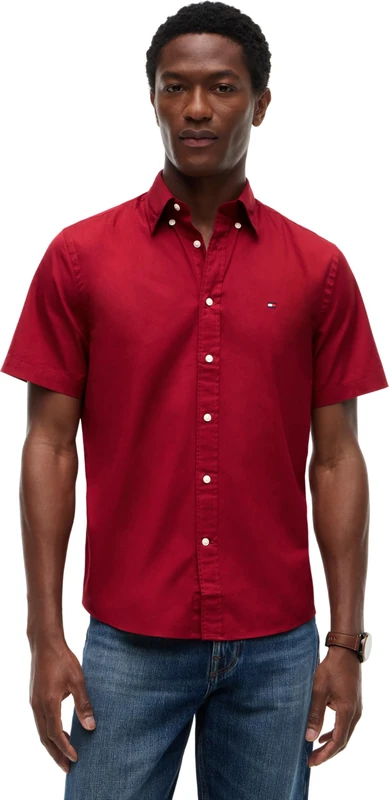 Tommy Hilfiger Men's Flex Poplin Solid S/S Shirt Mw0Mw37584, RED, XXL