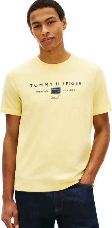 Tommy Hilfiger Men’s T-Shirt Short Sleeve Brand Love Mono Stack in Cotton, Yellow (Citronella), XS