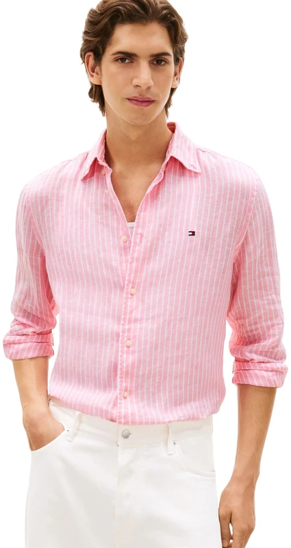 Tommy Hilfiger Men's Linen Bengal Stripe Rf Shirt MW0MW42400, Pink, M