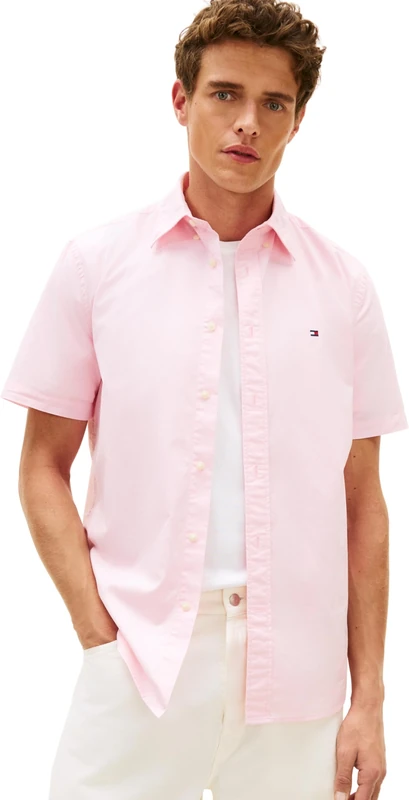 Tommy Hilfiger Men’s Shirt Flex Poplin Houndstooth in Cotton, Pink (Classic Pink/Check), XL
