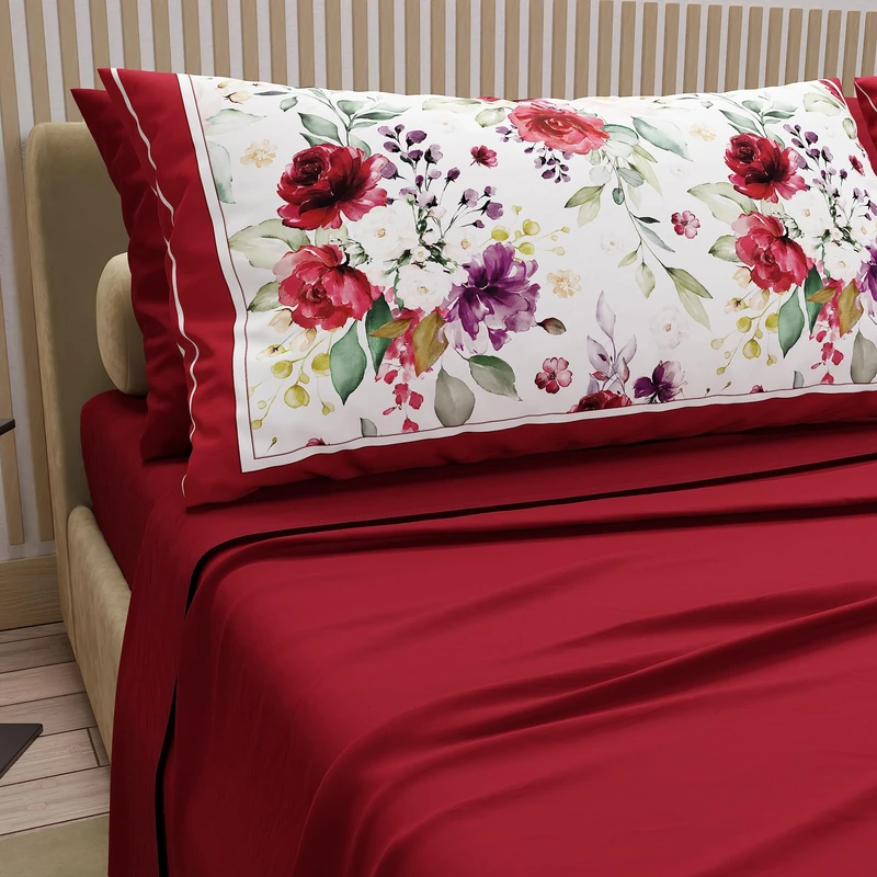 PETTI Artigiani Italiani - Cotton Sheets with Pillowcases in Digital Print, French Queen, Complete Top and Bottom Sheet with Corners, Bordeaux, 100% Made in Italy