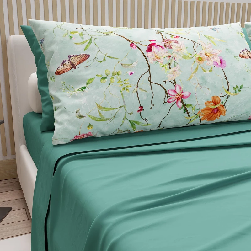PETTI Artigiani Italiani - Cotton Sheets with Pillowcases in Digital Print, Double Maxi, Complete Top and Bottom Sheet with Corners, Teal, 100% Made in Italy
