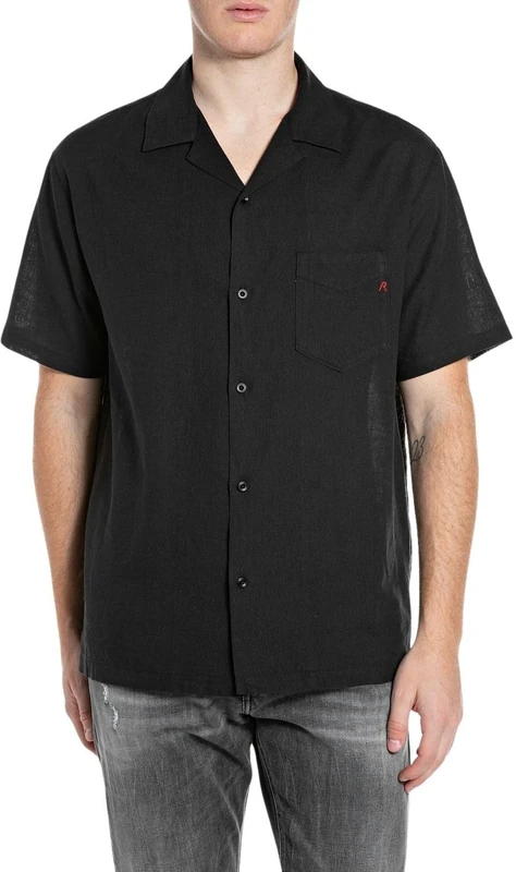 Replay Men's Short Sleeve Shirt, Black 098 (Black), L