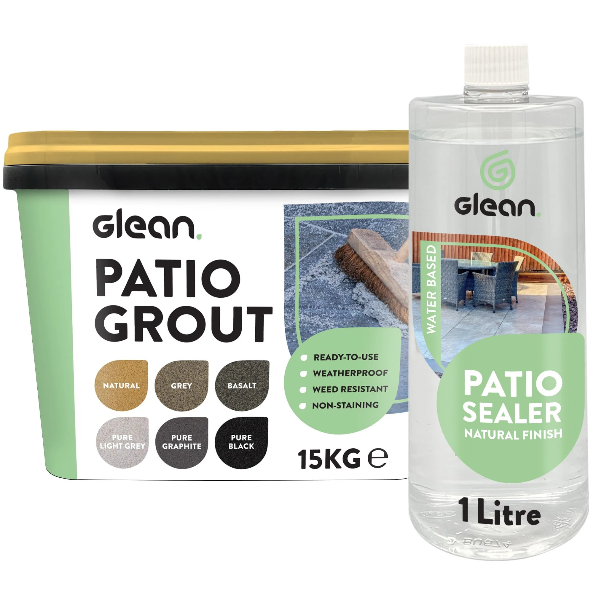 GLEAN Patio Grout NATURAL 15kg + Patio Sealer Natural Finish 1 Litre | Jointing Compound | Brush In Patio Grout For Paving Patios & Block Paving + Water Based Sealer
