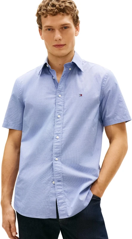 Tommy Hilfiger Men's Flex Poplin Houndstooth Ss Shirt Mw0Mw38589, Blue, XXL