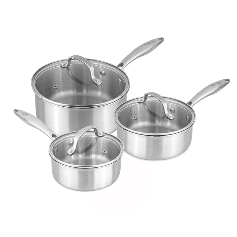 Stainless Steel Saucepan Set – Non Stick Cooking Pots – Tri-Ply Stainless Steel Pot Suitable for All Hobs – 6pcs 16.7cm, 18.7cm & 20.9cm (3 Pots + 3 Lids) – by Nuovva