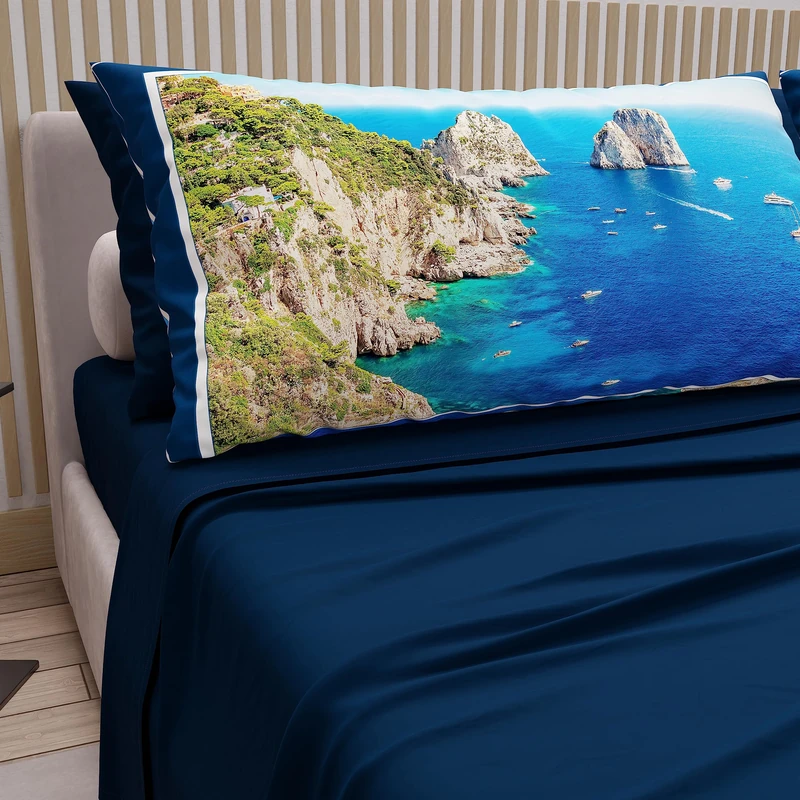 PETTI Artigiani Italiani - Cotton Sheets with Pillowcases in Digital Print, Double Maxi, Top and Bottom Sheet Set with Corners, Night Blue, 100% Made in Italy