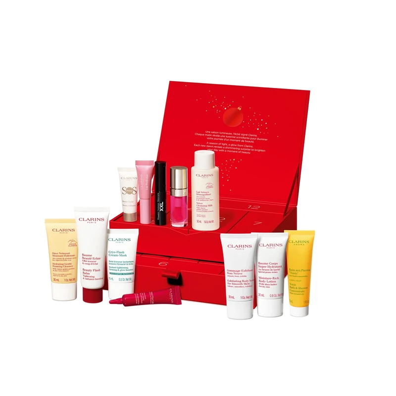 Clarins Christmas Gift Set | 12 Day Advent Calendar | Worth £167 | Includes Full Size Beauty Flash Balm and Lip Comfort Oil 04 Pitaya