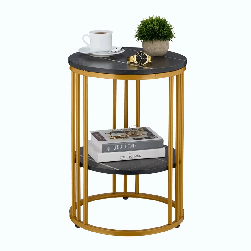 Relaxdays Side Table, Marble Effect, 2 Tiers, HxD: 56 x 40 cm, Living Room, Coffee Rest for Sofa, Decor, Black/Gold