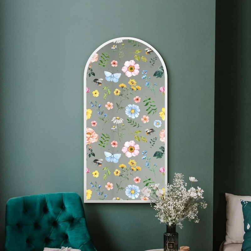 MirrorOutlet The Typis - White Metal Frame Edged Modern Round Arch Edge Wall Mirror With Colour Flower Printed Decal 47" x 24" (120CM X 60CM) Silver Mirror Glass with White Frame