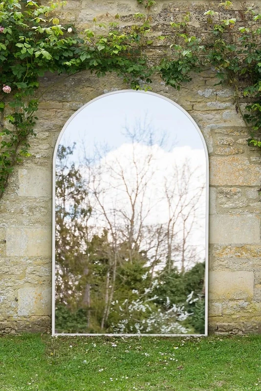 MirrorOutlet The Arcus - White Framed Modern Full Length Arched Leaner Wall Garden Mirror 75" x 47" 190x120cm Silver Mirror Glass with Black All weather Backing.