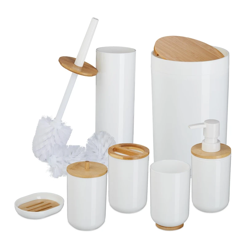 Relaxdays Bathroom Accessories Set, 7-Piece, Plastic & Bamboo, Toilet Brush & Bin, Soap Dispenser, Holder, White