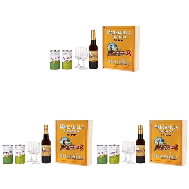 Barbadillo Manzanilla Pasada Sherry Gift Set: 375ml Bottle with Copita Glasses & Gourmet Olive Selection - A Taste of Spanish Elegance! (Pack of 3)
