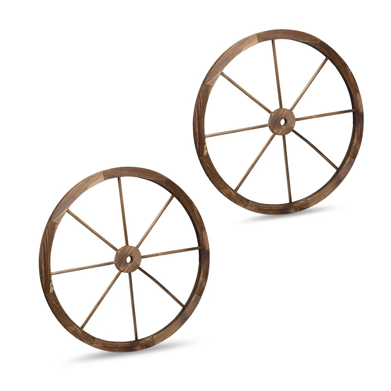 Relaxdays Wooden Wagon Wheels 2-Pack, Garden Decor, Rustic Spoked Saloon Style, 75x75x3 cm Brown - Image 1