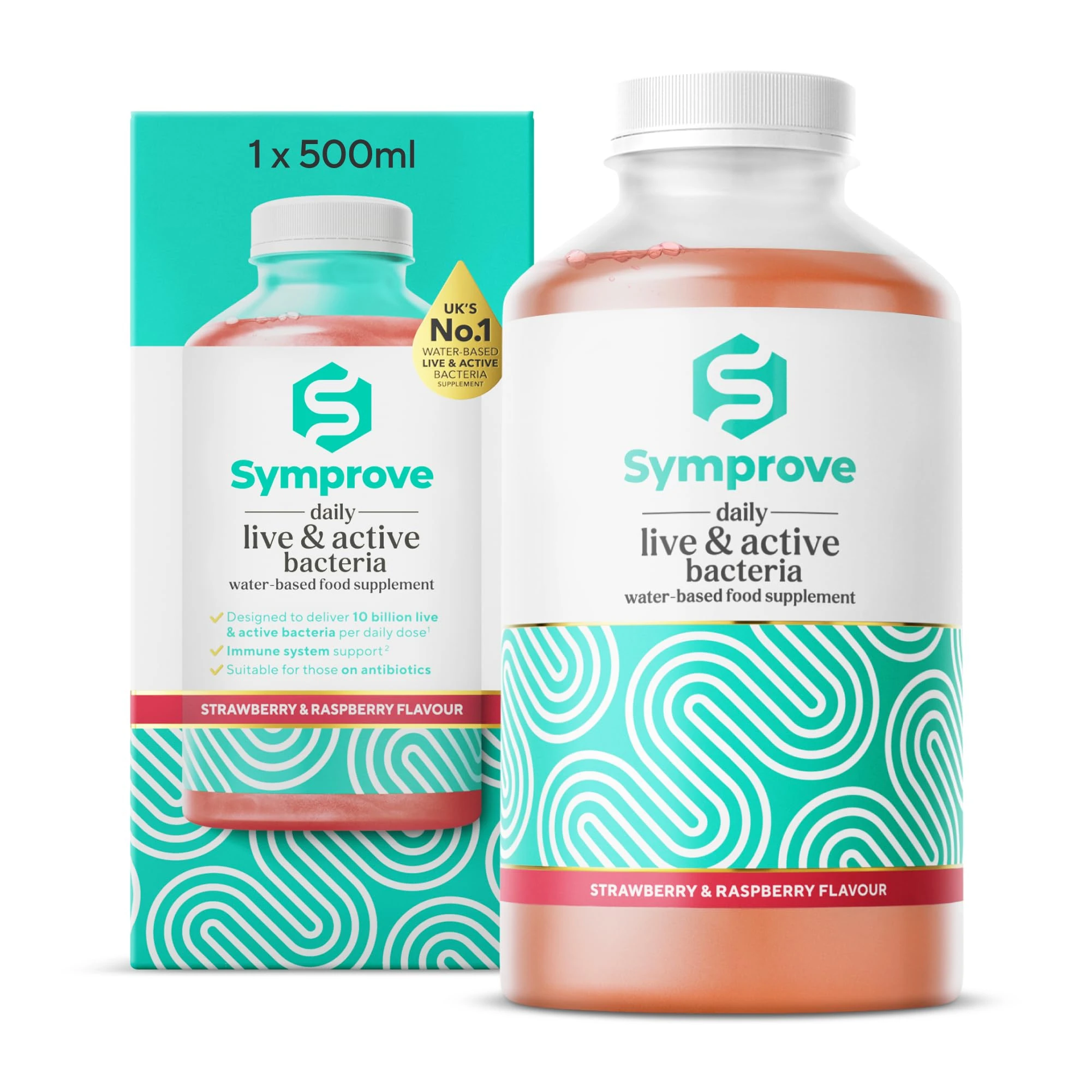 Symprove Daily Probiotic, Strawberry Flavour, at Least 10 Billion CFUs, Water-Based, Vegan, Dairy & Gluten Free (Pack of 1 x 500ml)