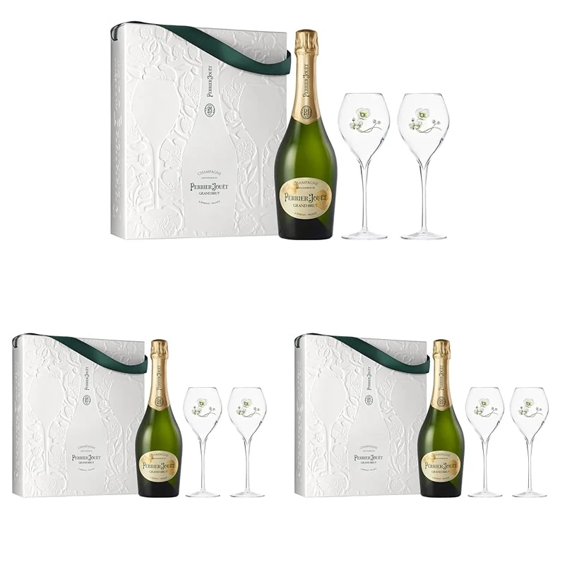 Perrier-Jouët Grand Brut Champagne, 75 cl with 2 flutes (Pack of 3)