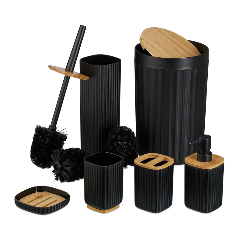 Relaxdays Bathroom Accessories Set, 6-Piece, Plastic & Bamboo, Toilet Brush & Bin, Soap Dispenser, Holder, Black