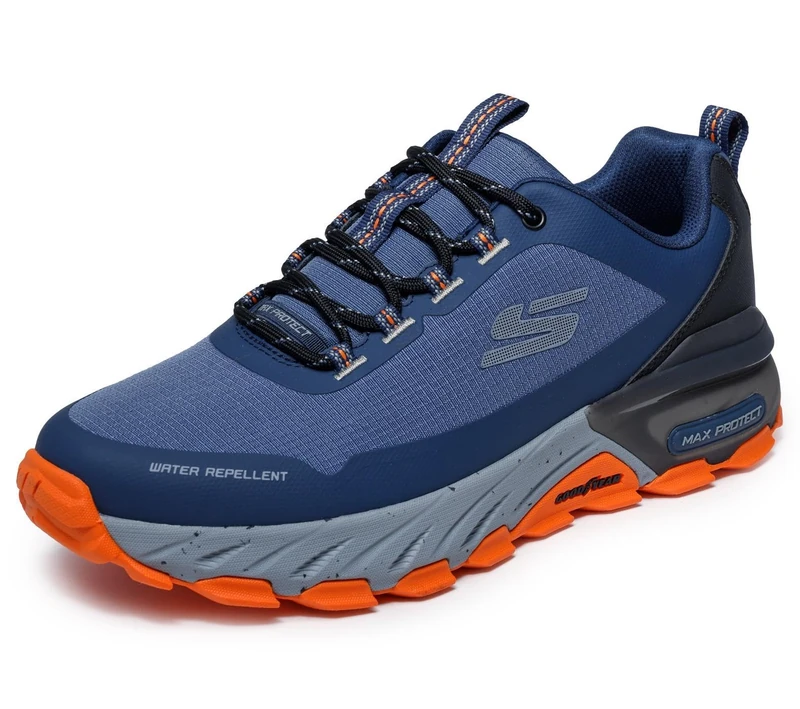 Skechers Men's Max Protect Promote Track Trainers, NVY Synthetic/Textile/Orange Trim, 7.5 UK