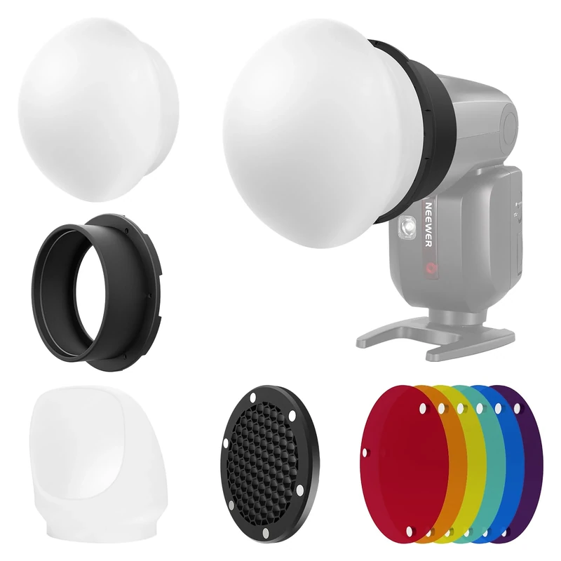 NEEWER Flash Accessories Kit with Silicone Diffuser, Grid, Reflector, 6x Color Gel & 1x Magnetic Adapter Ring Compatible with Godox V1/V1 PRO NEEWER Z1 Z2 Round Head Camera Speedlight, CRS5