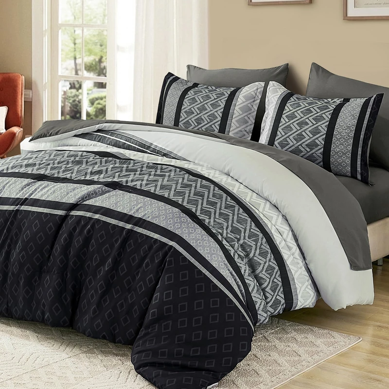 Cottolester Boho Comforter Set Queen Size,Black Gray Striped Bed in a Bag,7 Piece Plaid Comforter and Sheet Set,Soft Microfiber Complete Bedding Sets