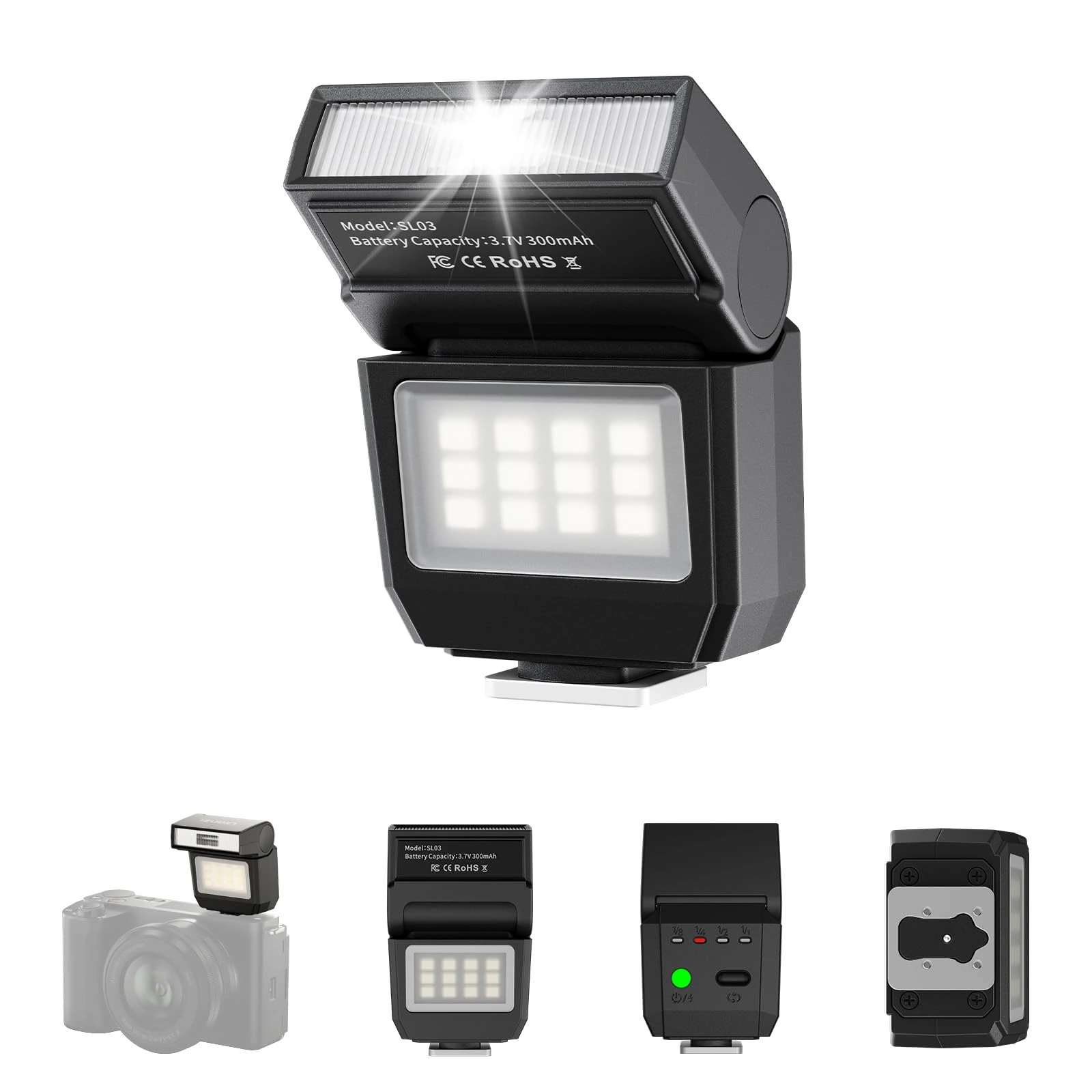 ULANZI SL03 Mini Camera Flash with Video Light, GN8 6500K Camera Speedlite Flash Units, 90° Adjustable, 4 Power Levels (1/8~1/1), Universal Single Contact Hot Shoe for Sony/Canon/Fuji DSLR, Black