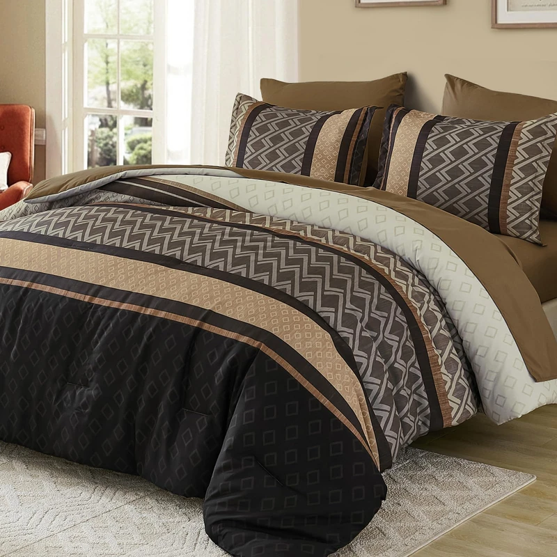 Cottolester Brown Comforter Set Queen Size,Boho Striped Bed in a Bag,Fall Plaid Comforter and Sheet Set, Soft Microfiber Complete Bedding Sets