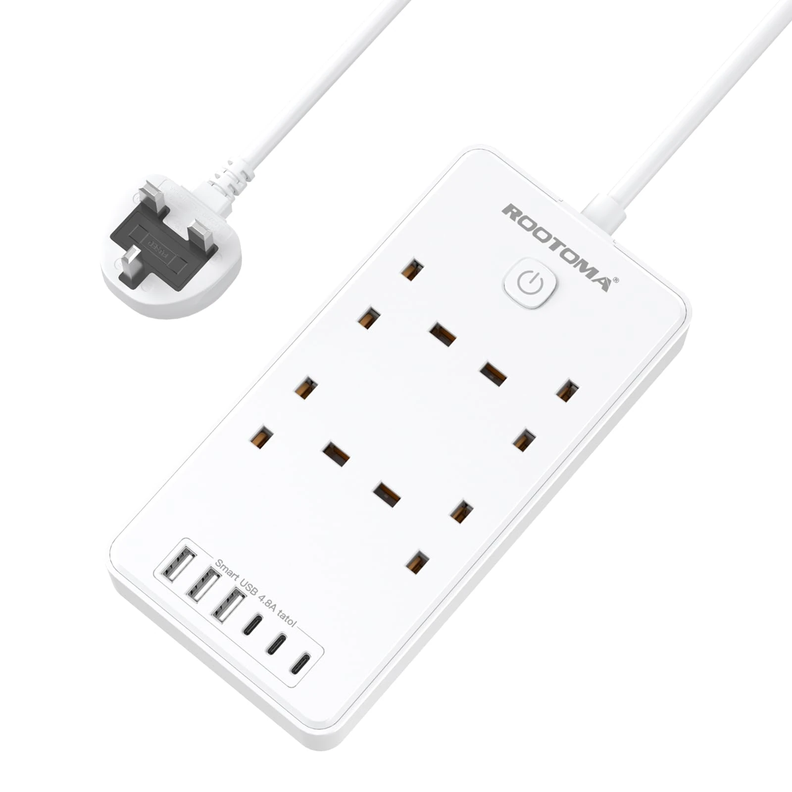 Extension Lead with 6 USB Slots (3 USB C), 4 Way Surge Protected Extension Lead 1.5M with Switch, Wall Mounted Multi Plug Power Strip for Home Bedroom Kitchen Office, White