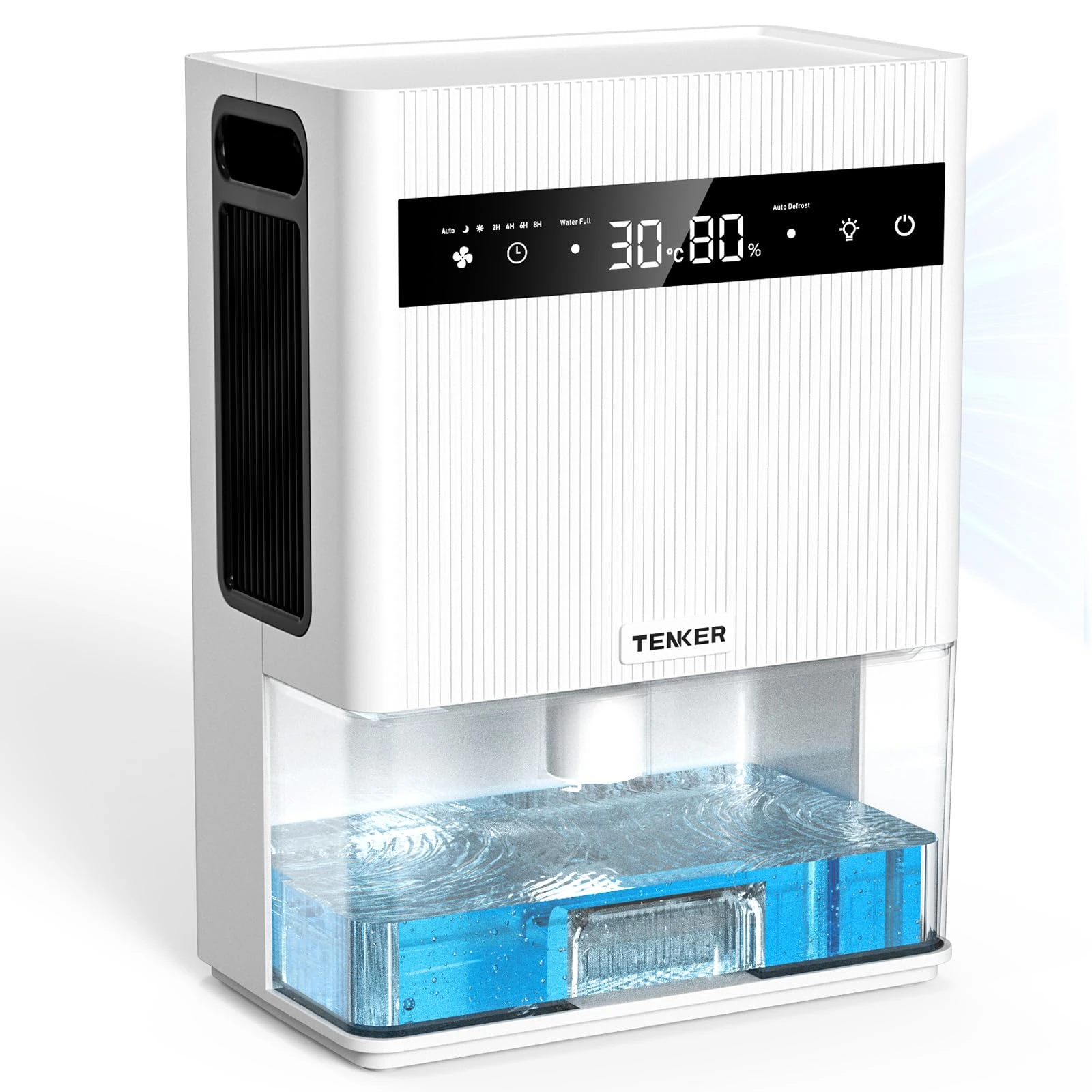 Tenker Dehumidifier, 3L (106 oz) Dehumidifiers for Home with Digital Temperature & Humidity Display, Sleep Mode, Timer, Auto-Off, Auto Defrost, 7-Color Lights for Bathroom Bedroom Wardrobe RV, White