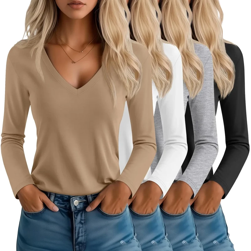 Neer 4 Pack Women's T-Shirts V Neck Long Sleeve Casual Tops Loose Fit Basic Layering Shirts Straight Hem Plain Soft Tees(Black, White, Light Gray, Khaki,Medium)