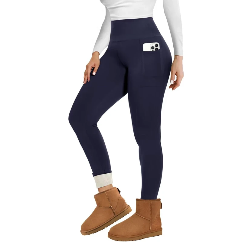TNNZEET Fleece Lined Leggings Women UK High Waisted Thermal Pants Womens in Winter (Pockets Navy S)