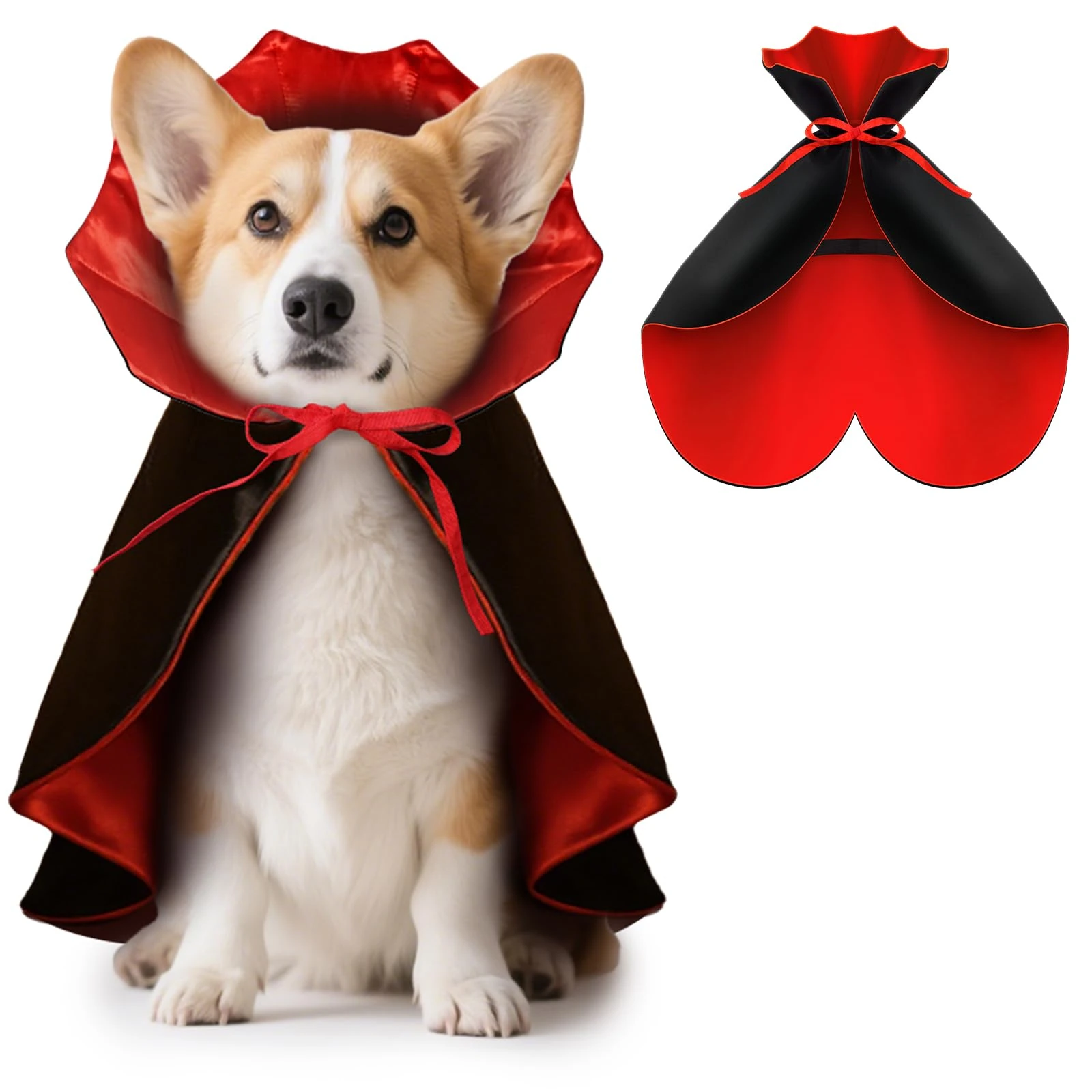 HSSPYY Halloween Pet Vampire Cape Adjustable Red & Black Fancy Dress for Medium Dogs (Beagle, Shiba Inu, French Bulldog) Spooky Cloak with Stand-Up Collar – 50cm