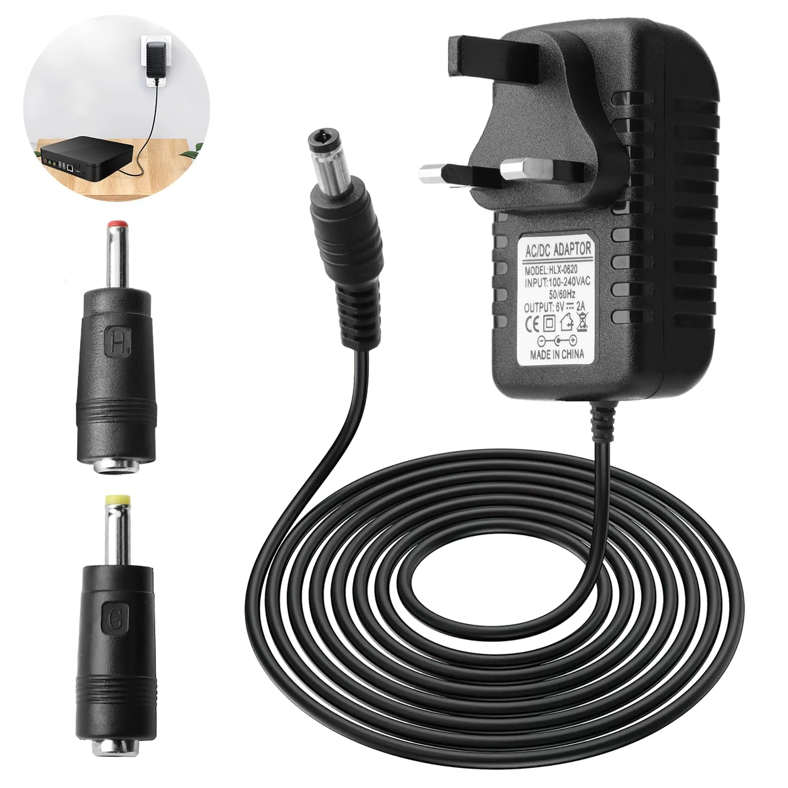 6V 2A Power Supply Cable, AC/DC Adapter 100-240V 50/60Hz Charger, Jack 5.5x2.1mm with Selectable 3.5mmx1.35mm, 4.0mmx1.7mm Plug for Atomizer Instrument Blood Pressure Meter Electronic Scale