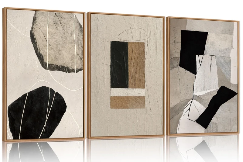 FWIEXA Large Neutral Abstract Wall Art Set of 3, Framed Modern Canvas Paintings for Living Room, Beige Black White Prints Artwork, 24x36 Inch Pictures Wall Decor for Bedroom, Bathroom, Hallway, Office