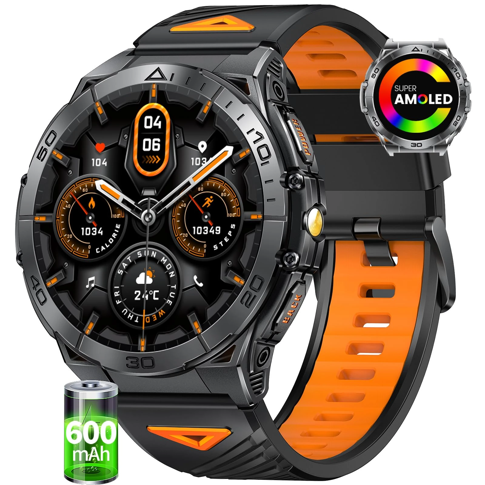 SUNKTA 2025 Smart Watch for Men, 600mAh/30+ Days Standby, Smartwatch with 1.6" AMOLED Display/LED Flashlight, 5ATM Fitness Tracker Sports Watch Bluetooth Call for Android iOS