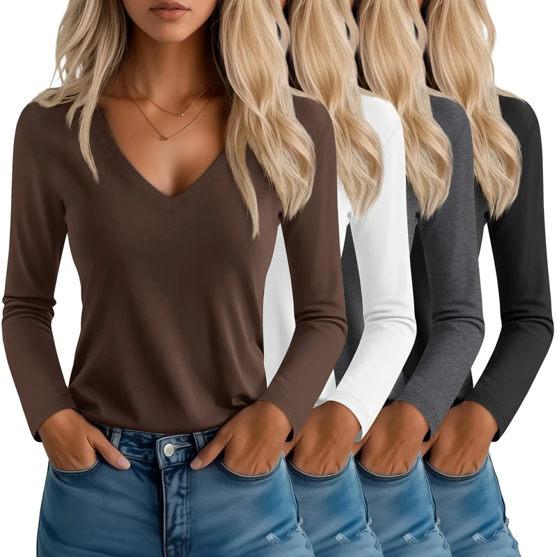 Neer 4 Pack Women's T-Shirts V Neck Long Sleeve Casual Tops Loose Fit Basic Layering Shirts Straight Hem Plain Soft Tees(Black, Brown, Dark Gray, White,Medium)