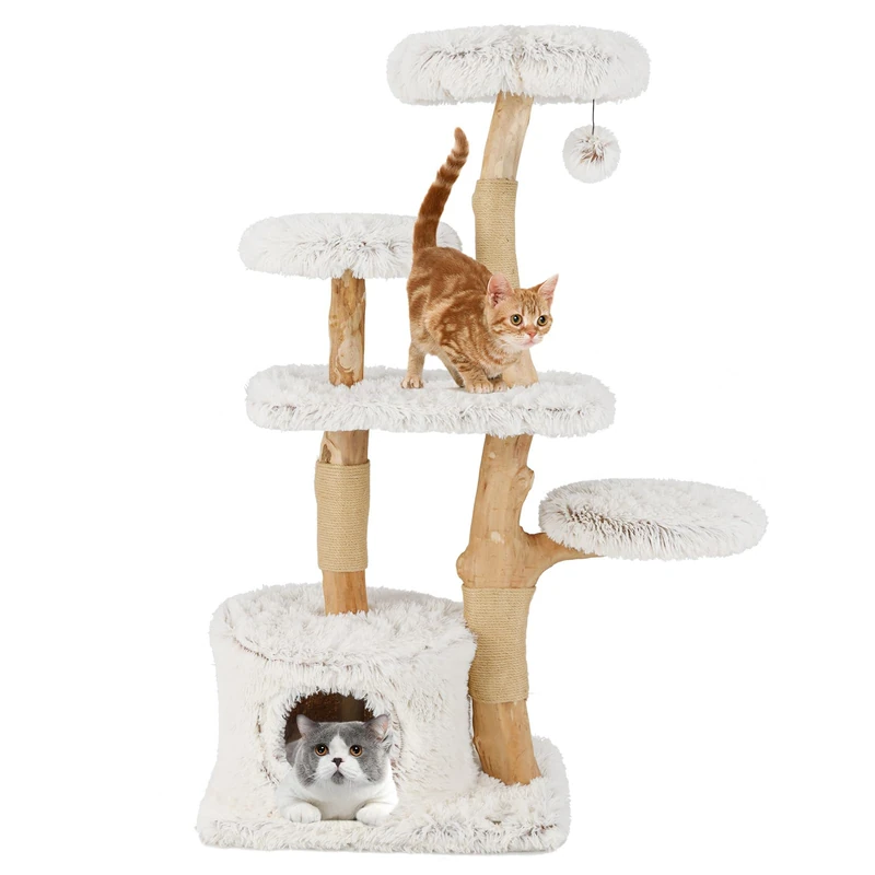 GYMAX Solid Wood Cat Tree, Modern Wooden Cat Tower