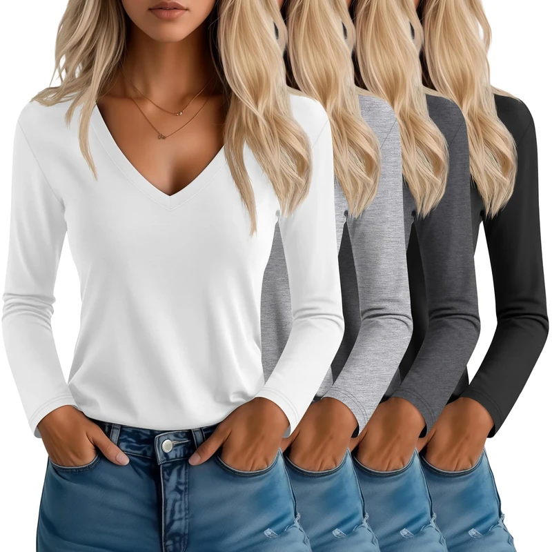 Neer 4 Pack Women's T-Shirts V Neck Long Sleeve Casual Tops Loose Fit Basic Layering Shirts Straight Hem Plain Soft Tees(Black, Light Gray, Dark Gray, White,Medium)