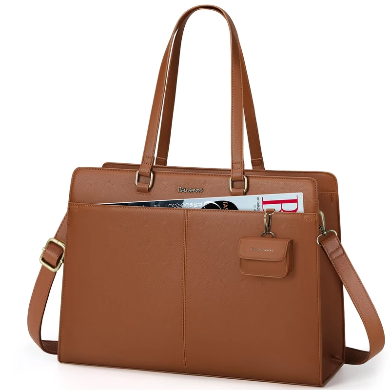 RAINSMORE Laptop Bag for Women 15.6 Inch Work Tote Bags Waterproof PU Leather Handbag Shoulder Bags Business Office School Briefcase Brown