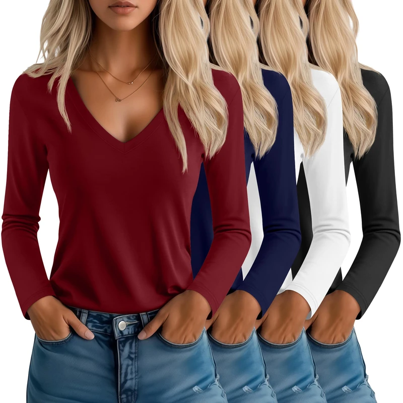 Neer 4 Pack Women's T-Shirts V Neck Long Sleeve Casual Tops Loose Fit Basic Layering Shirts Straight Hem Plain Soft Tees(Black, Navy Blue, Wine Red, White,XX-Large)