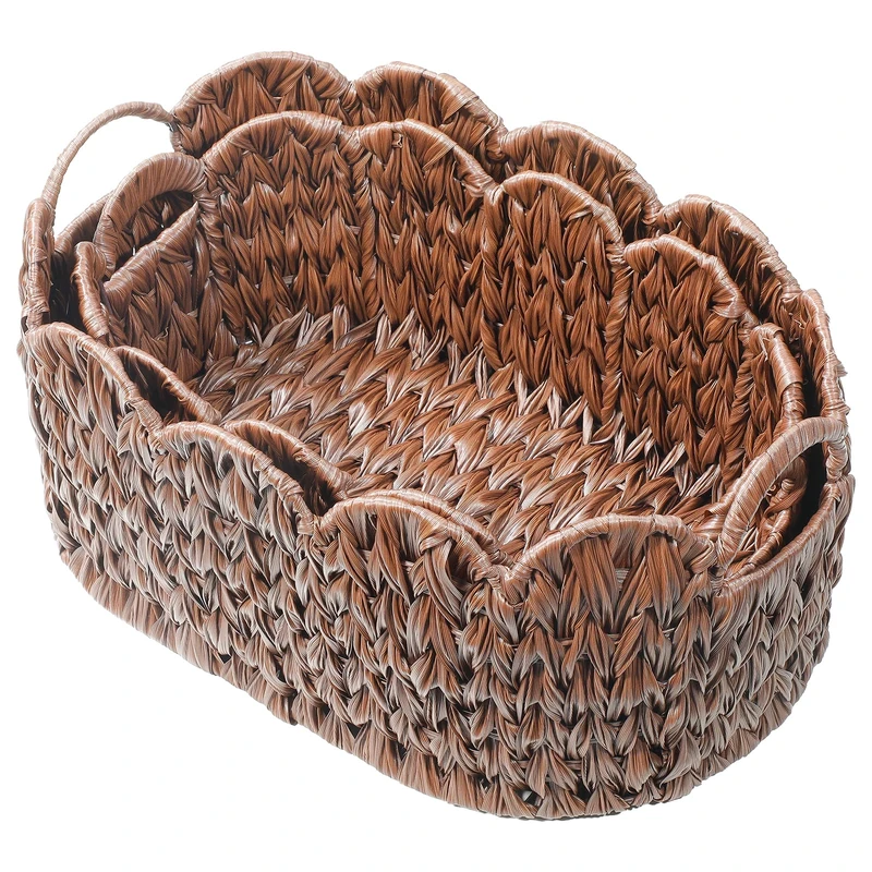 Coeusy Brown Wicker Basket,Set of 2 Scalloped Basket for Home Decor and Organizing,Oval Woven Baskets for Laundry Room,Bathroom,Bedroom,Nursery