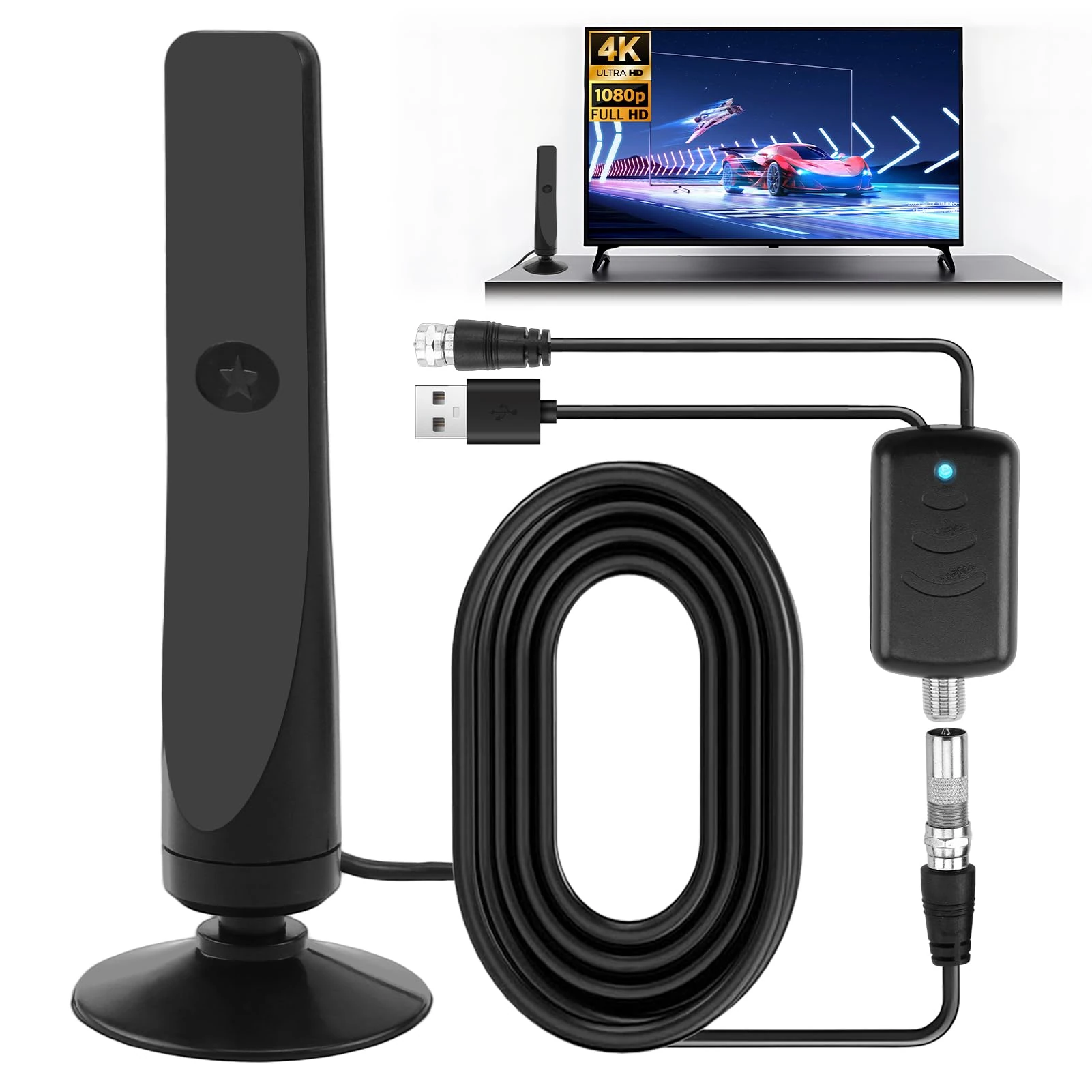 2025 Upgraded Indoor TV Aerial 1080P 4K HD Digital Antenna with Signal Booster for Smart TV High Gain Indoor Outdoor Aerial with Strong Signal UK for 280 Miles Wavemax Antenna 9.8ft Cable 4G 360°