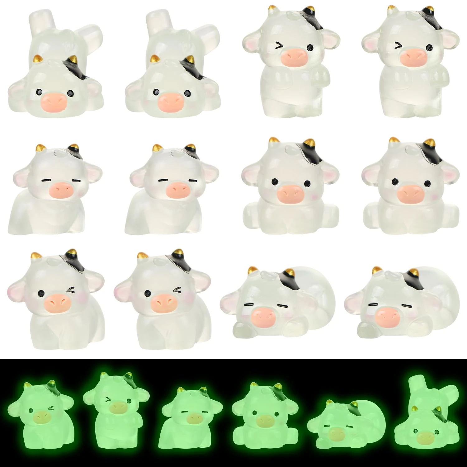 UHOMENY Mini Resin Cow Statue 12pcs Luminous Tiny Resin Animals Cute Cow Figures Glowing Animals Ornaments Miniature Cow Cupcake Toppers for Aquarium Garden Landscape Dollhouse Home Car Cake Decor