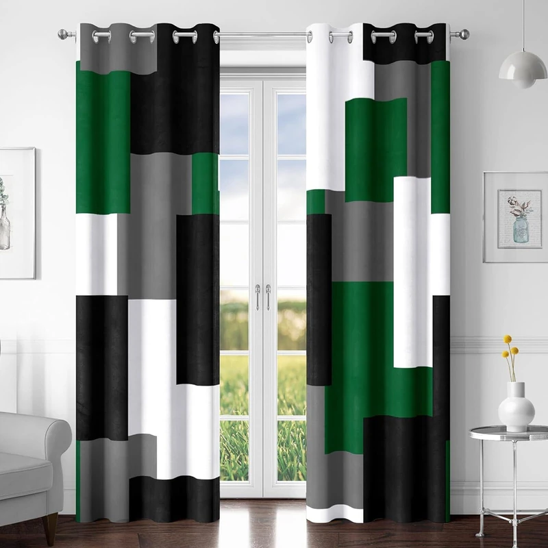 Tyrot Green 100% Blackout Curtains for Bedroom 108 inch Extra Long 2 Panels Set Hunter Green Grey Modern Abstract Geometric Black Out Curtains Room Darkening Window Drapes for Living Room, 52Wx108L