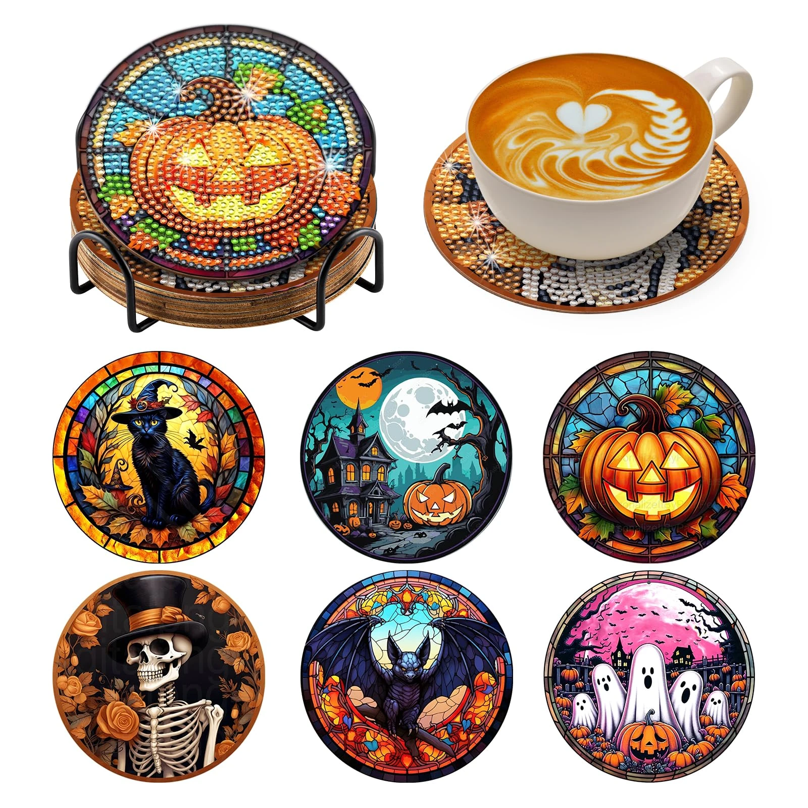BNG Halloween Diamond Paintings Coasters Kits Set with Holder, 6Pcs DIY Crafts Coasters for Adults, Art Painting Kits for Women, Beginners, Diamond Craft Supplies