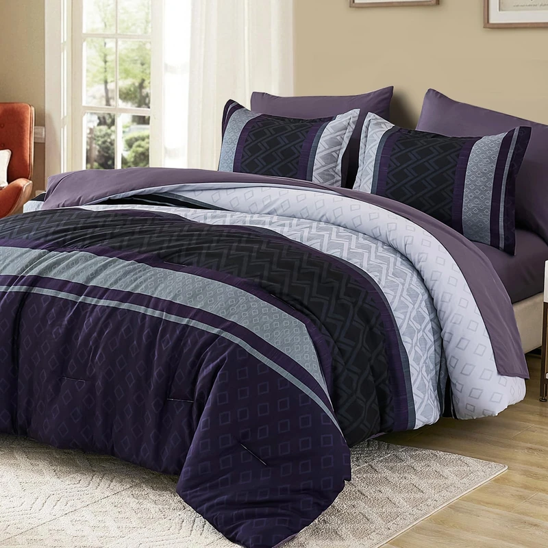 Cottolester King Comforter Set 7 Pieces,Black Purple Boho Striped Bed in a Bag,Soft Microfiber Complete Bedding Sets