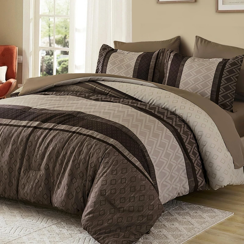 Boho Comforter Set King Size,Light Brown Striped Bed in a Bag,Fall Plaid Comforter and Sheet Set,Soft Microfiber Complete Bedding Sets