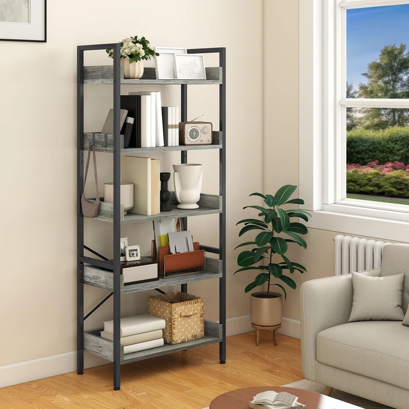 YITAHOME 5 Tier Bookcase, Floorstanding Wooden Shelves with Stable Steel Frame Shelving Unit, Industrial Storage Organizer Shelf with 4 Hooks for Living Room Home Office, Grey