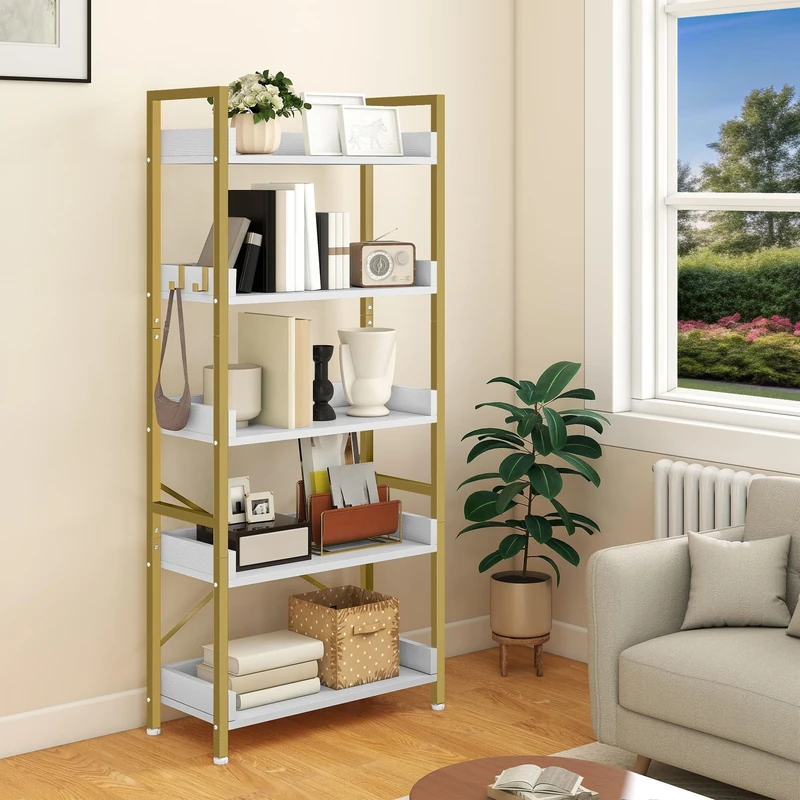 YITAHOME Bookcase, 5 Levels, Standing Open Bookcase, Metal Narrow High with 4 Hooks, Industrial Storage Shelf for Living Room, Home Office, Golden